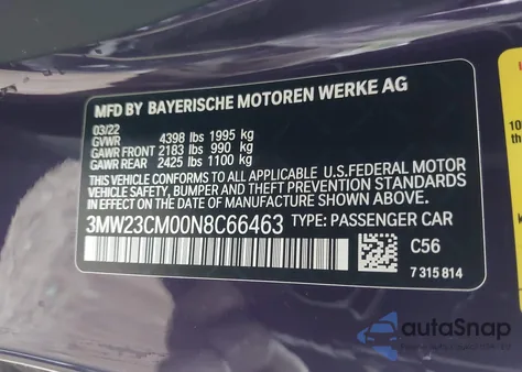 2022 BMW 230 I z USA, uszkodzony, nr VIN 3MW23CM00N8C66463